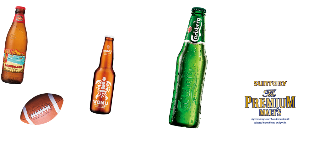 LONG BOARD ISLAND LAGER ロングボードアイランドラガー Hawaii(ハワイ) 840円(税別) VONU ヴォヌ Fiji(フィジー) 840円(税別) CARLSBERG カールスバーグ Denmark(デンマーク) 720円(税別) DRAFT BEER THE PREMIUM MALT'S ザ・プレミアムモルツ Japan(日本) 【R】750円(税別) 【L】950円(税別)